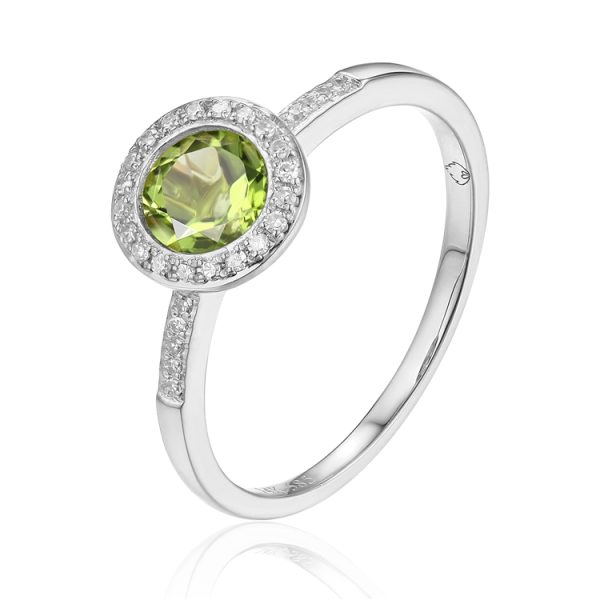 Peridot Diamond Halo Ring, 14k WG D.08ct